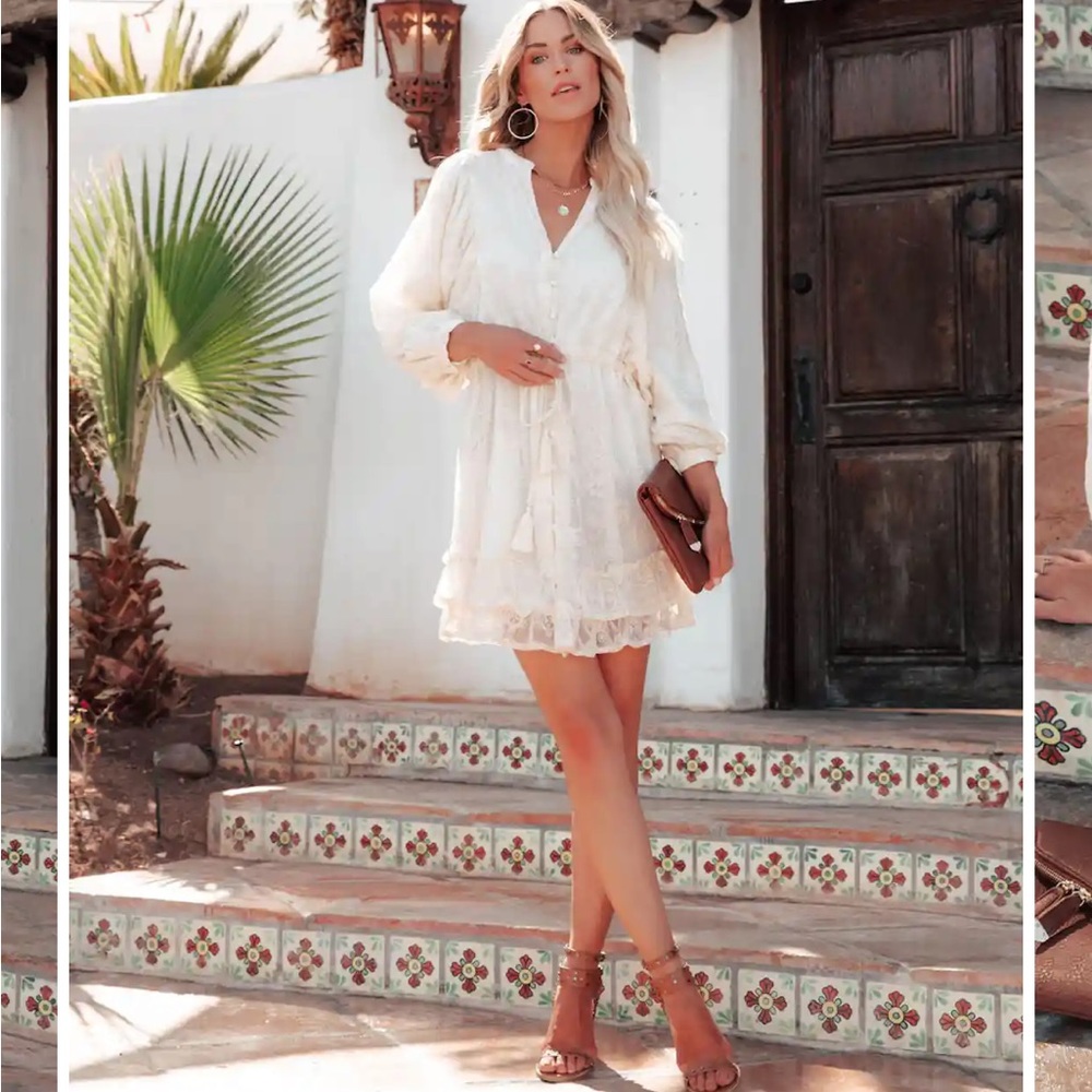 Lace Baby doll dress Cream Medium long sleeve Mini